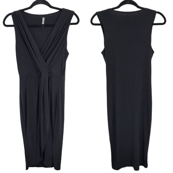 Cefian USA Slinky Little Black Dress L Sleeveless Mock Wrap Cocktail Holiday - Picture 1 of 11